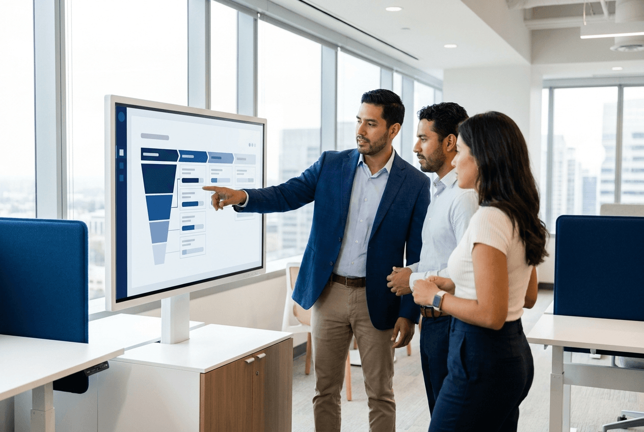 Equipo de ventas revisando el embudo de Pipedrive en un monitor