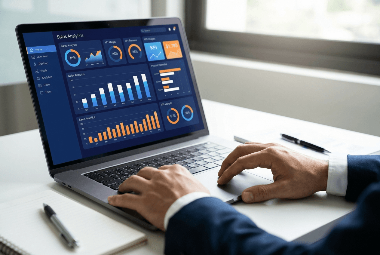 Manos sobre una laptop con un panel de analítica de ventas