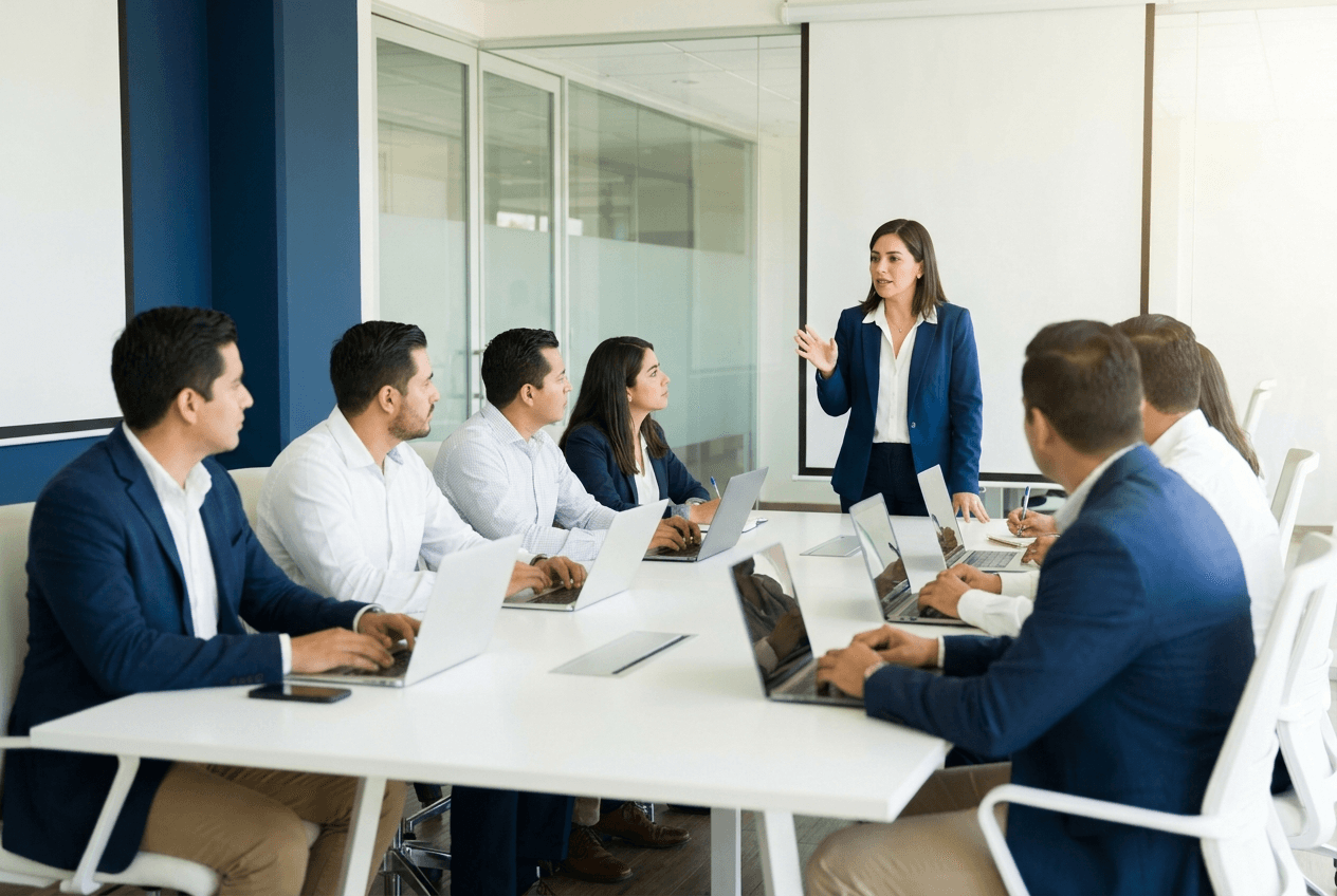 Sesión de capacitación de ventas con instructor y laptops