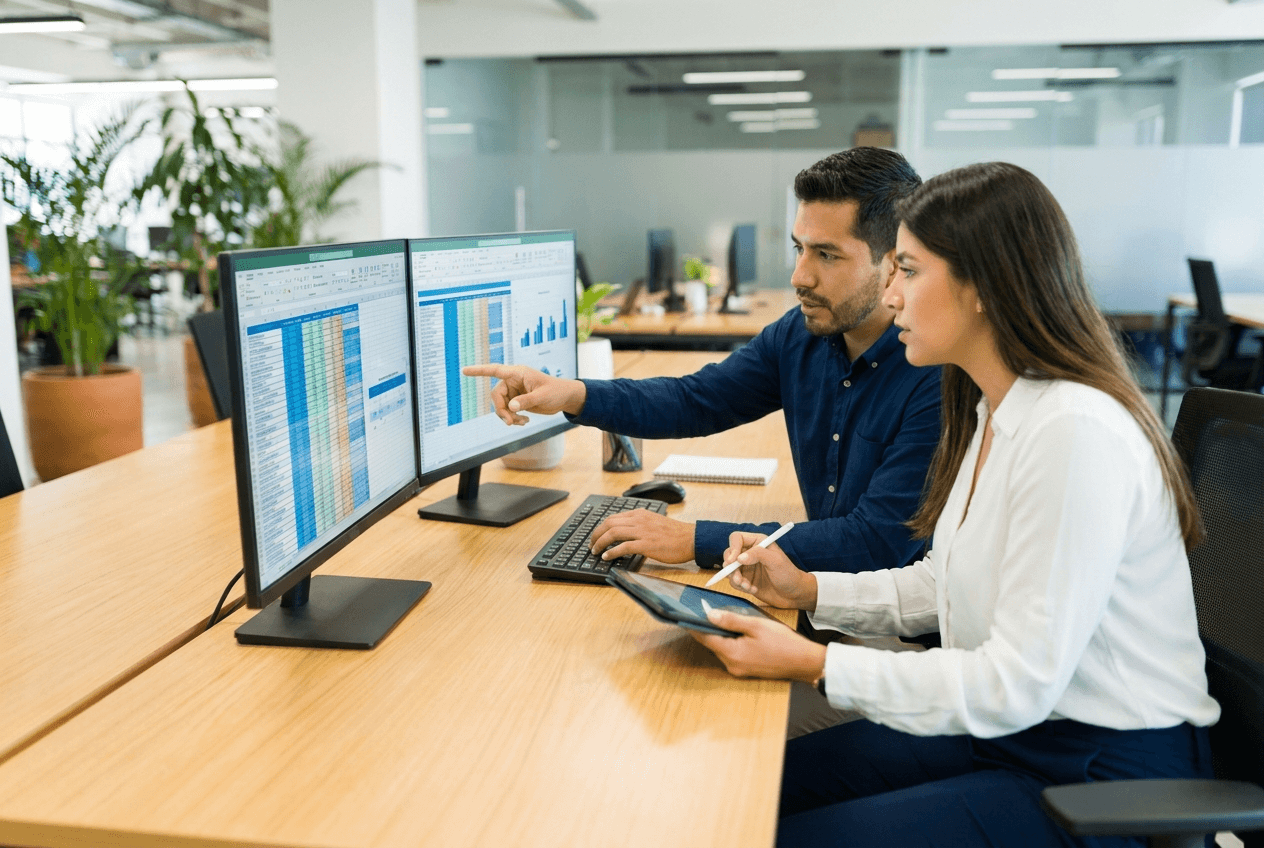 Colegas organizando y migrando datos en pantallas duales