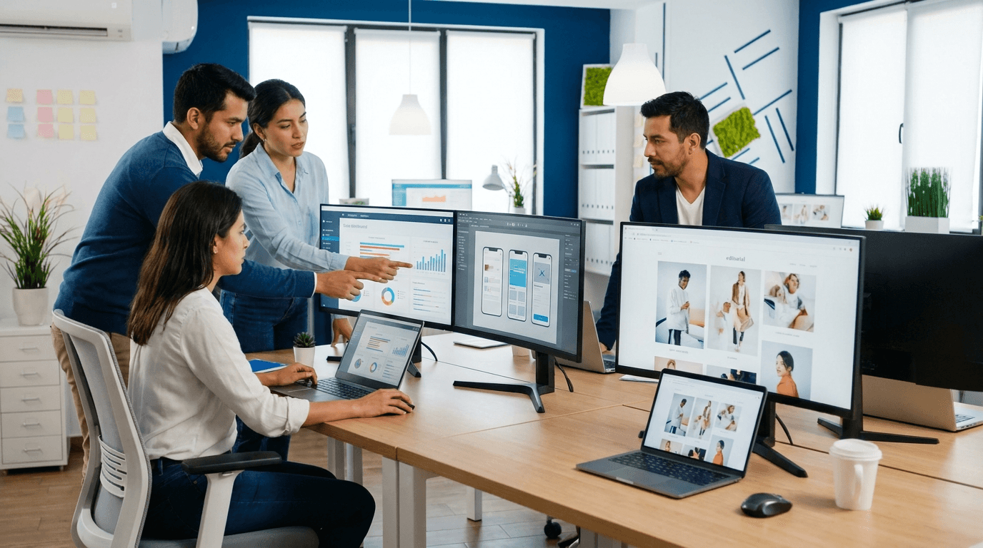 Equipo de publicidad digital trabajando con varios monitores
