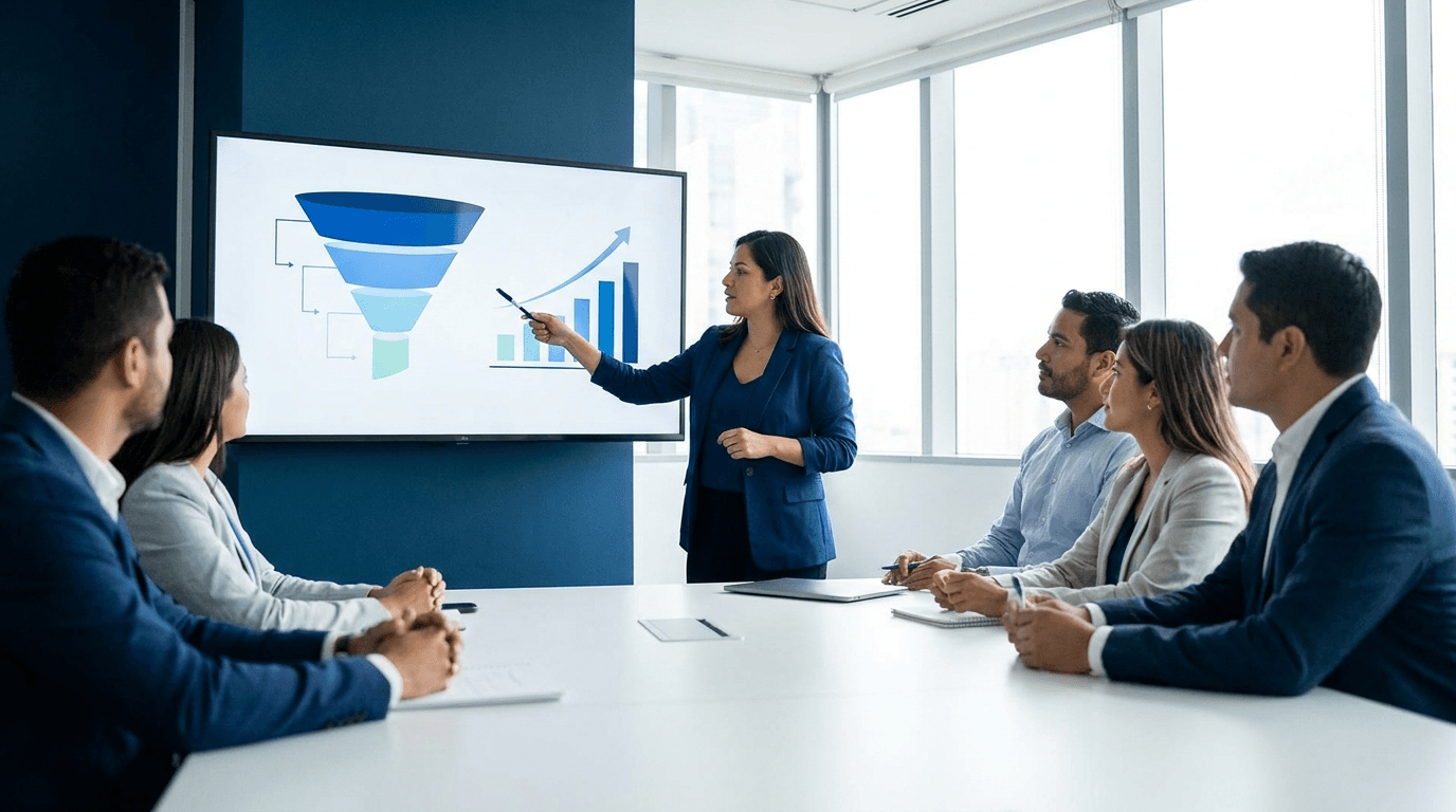 Marketer señalando un embudo de rendimiento en pantalla