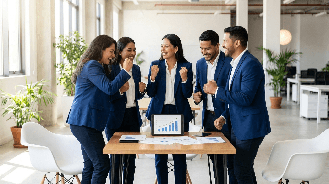 Equipo de marketing celebrando el crecimiento de campañas