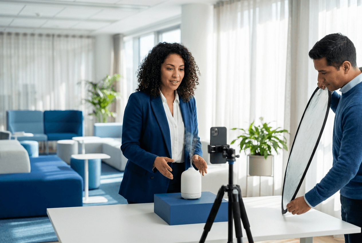 Creador de contenido grabando un video con smartphone en estudio