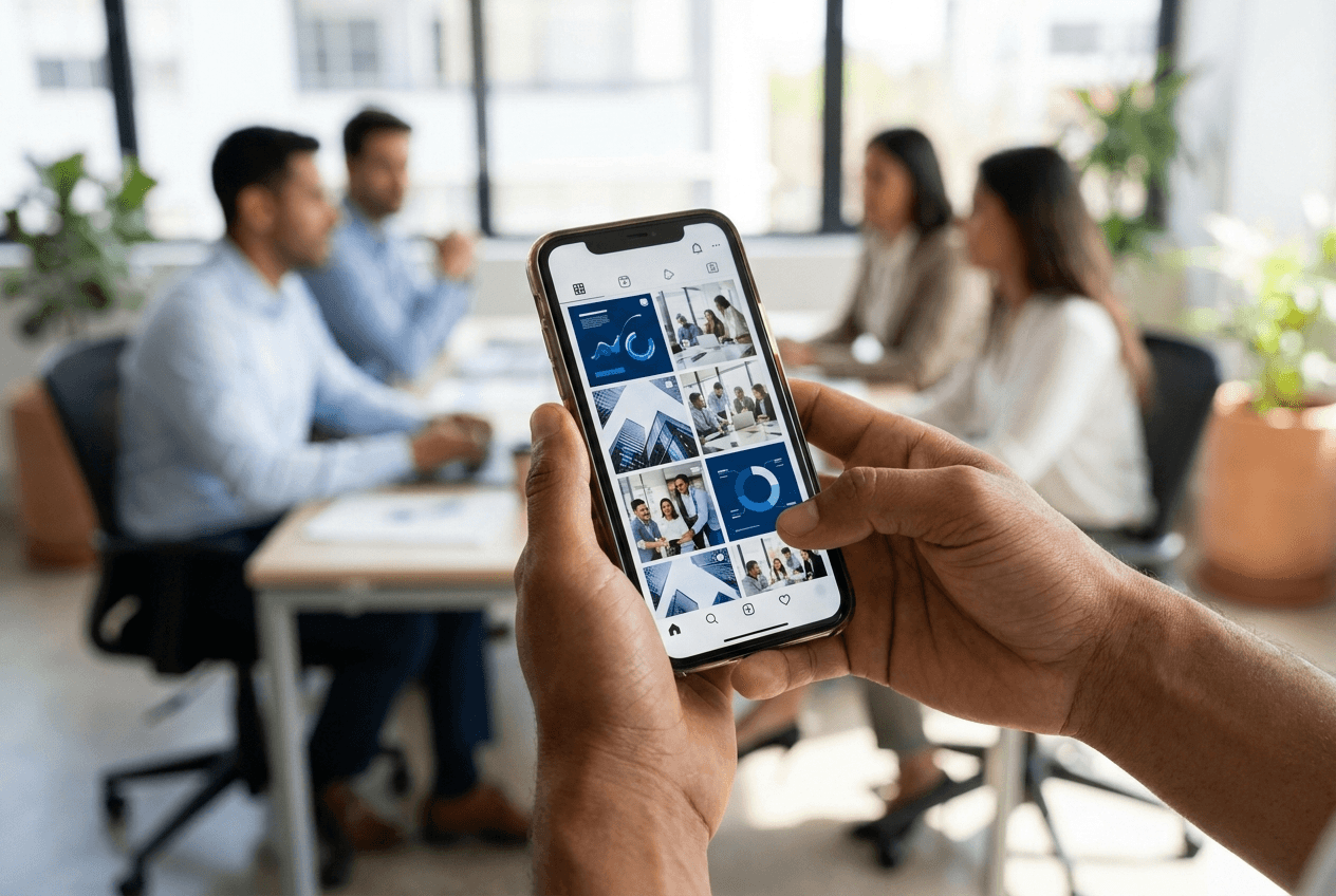 Smartphone mostrando un feed social con creativos vibrantes
