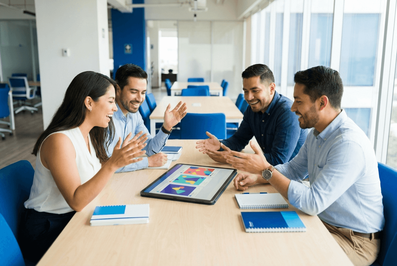 Equipo creativo revisando mockups de anuncios sociales en tablet