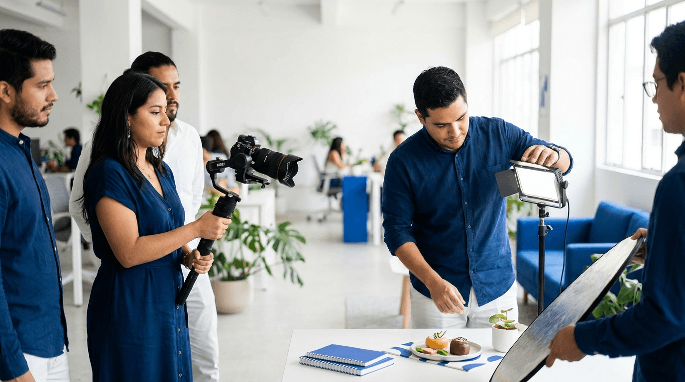 Estudio creativo produciendo contenido social con cámara y luces