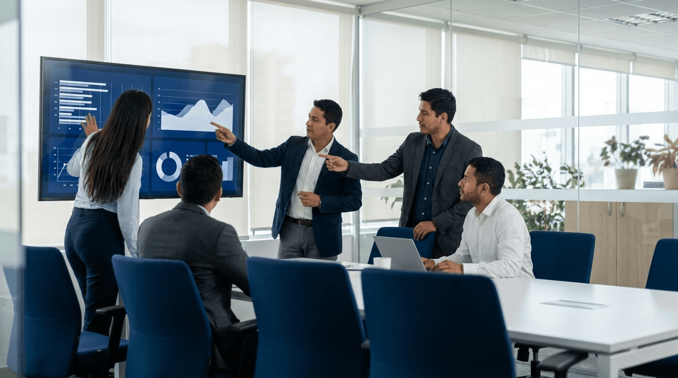 Equipo revisando paneles de rendimiento de búsqueda web