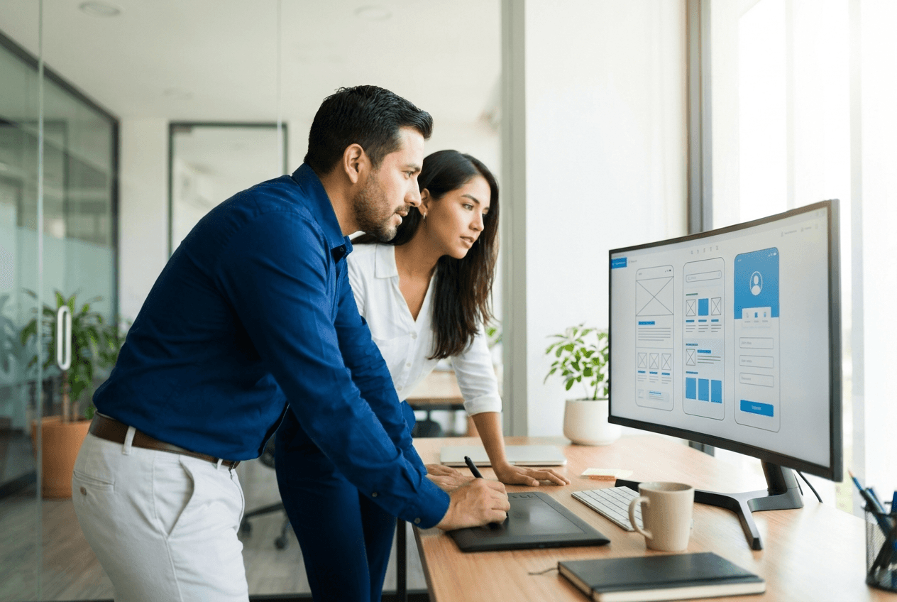 Diseñadores web colaborando sobre wireframes y mockups de UI