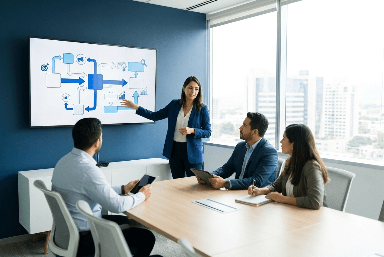 Estratega presentando un plan de marketing a colegas