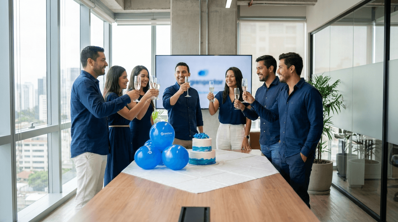Equipo de marketing celebrando un lanzamiento exitoso