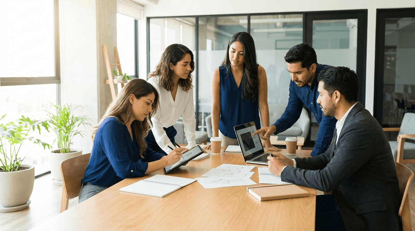 Equipo de marketing y diseño colaborando con laptops y bocetos
